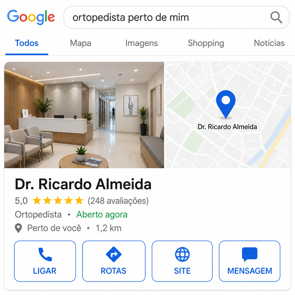 Mockup de pesquisa do Google Meu Negócio na primeira página
